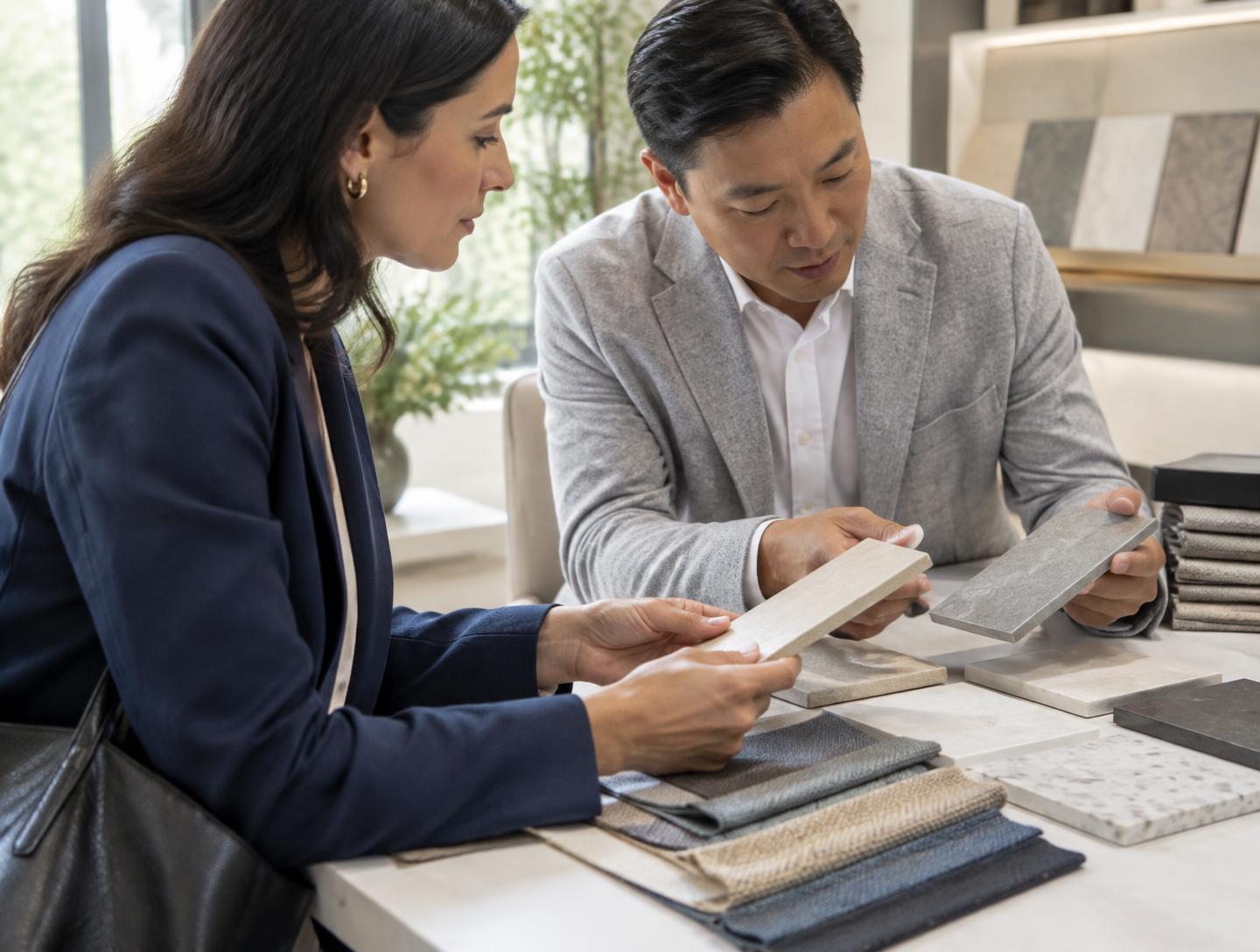 Buyer and supplier evaluating material samples