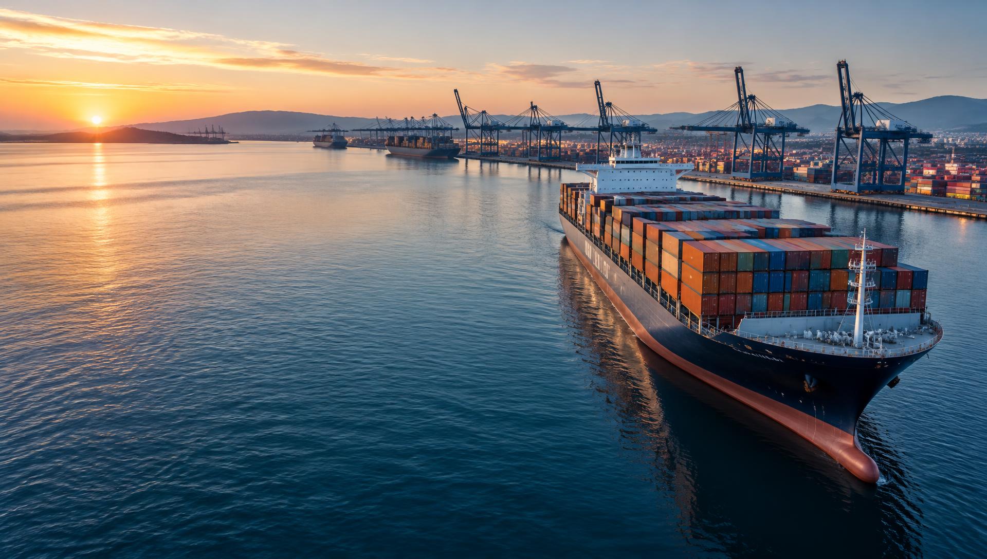 Container terminal and international cargo ship at sunrise