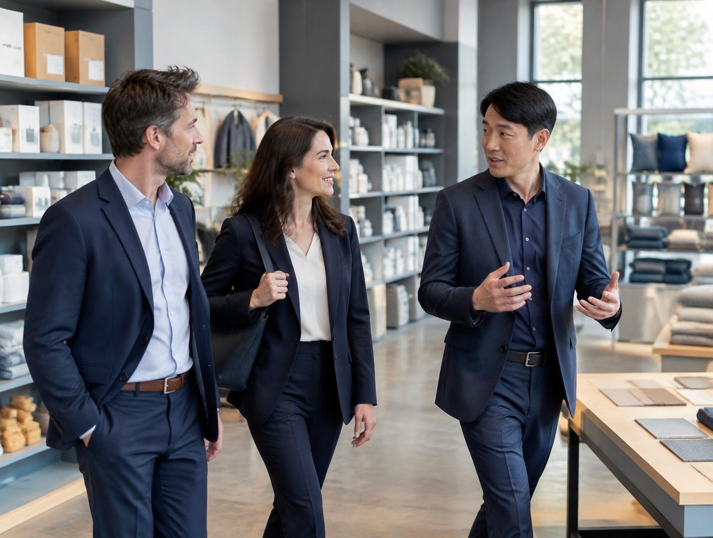 Manufacturer and commercial partners meeting in a product showroom